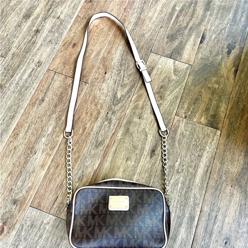 Michael Kors Jet Set Signature PVC Crossbody – Brown Logo w/ Gold Chain - Picture 7 of 7